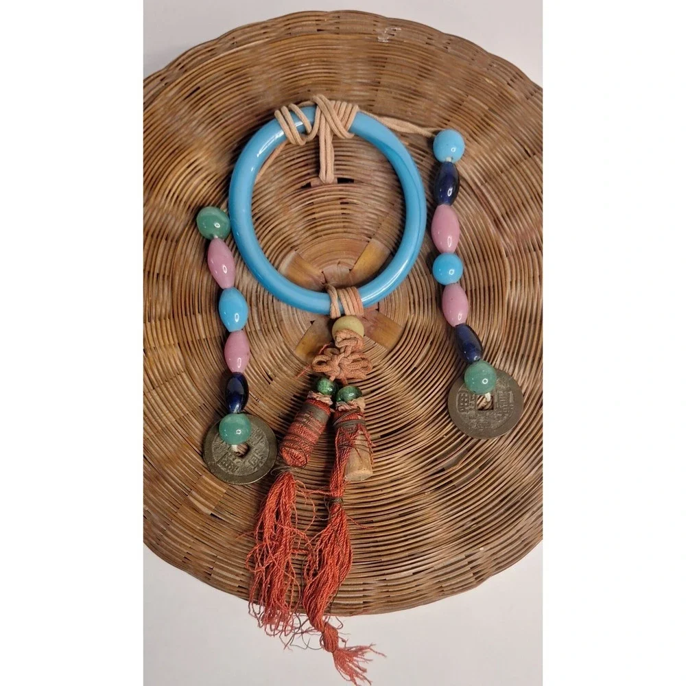 Vtg Chinese Sewing Basket Coins Glass Beads Tassels